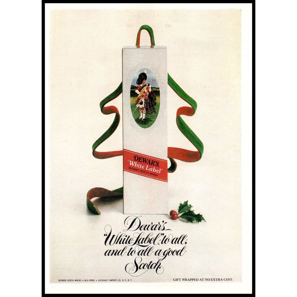 1978 Dewars White Label Scotch Vintage Print Ad Christmas Tree Ribbon Wall Art